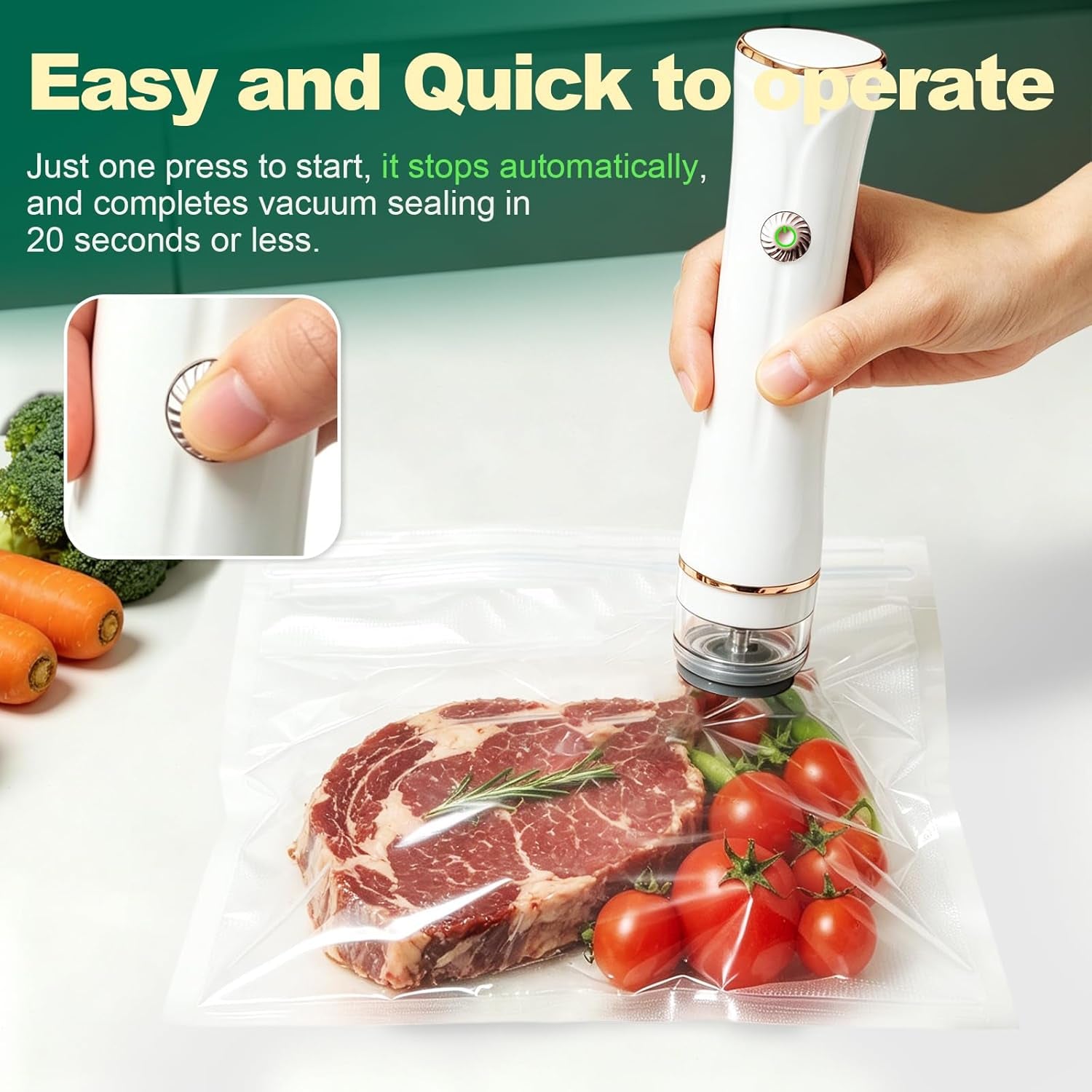 60Kpa Handheld Compact Vacuum Sealer W/30 Bags, Mason Jar Food Sealer | Powerful Suction, Lightweight and Portable, Mason Jars Require a Separate Vacuum Adapter Ring