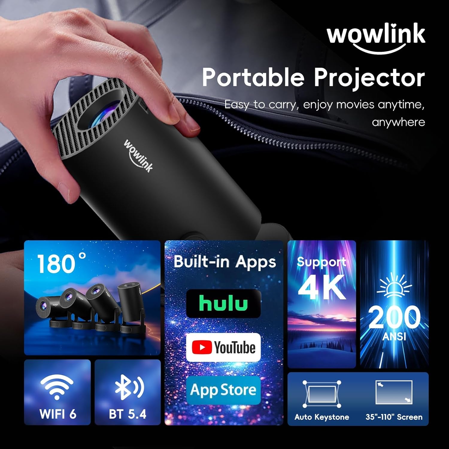 [Built-In Apps & 2026 Upgraded] Mini Projector with Wifi 6 and Bluetooth 5.4 Support 4K 1080P Auto Keystone 180° Rotatable Projector Portable Compatibile with HDMI/TV Stick/Memory Stick/Laptop, Black