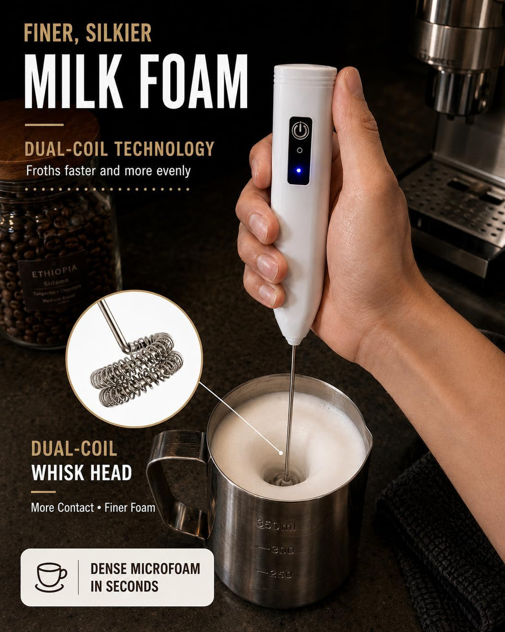 Electric Coffee Frother Handheld, USB Rechargeable Coffee Mixer Wand with Stand and 350Ml Milk Frother Cup, Whisk Set for Latte Art, Cappuccino, Espresso
