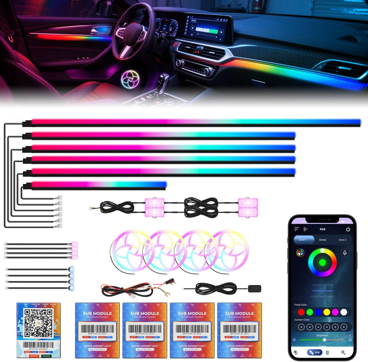 Dreamcolor Acrylic Car Interior Lights 22 in 1 RGB LED Strip Lights APP Control Zoned Control System 252 Color Modes DIY Fiber Optic Ambient Lighting Kits Music Car Neon Light Kits New Version