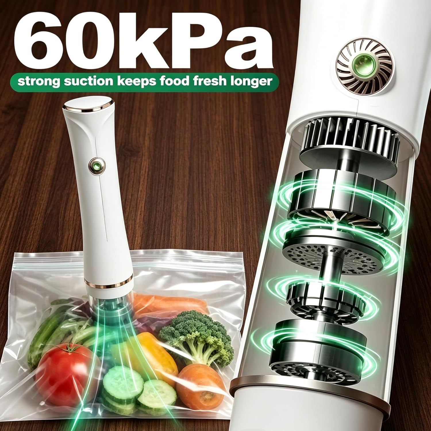 60Kpa Handheld Compact Vacuum Sealer W/30 Bags, Mason Jar Food Sealer | Powerful Suction, Lightweight and Portable, Mason Jars Require a Separate Vacuum Adapter Ring