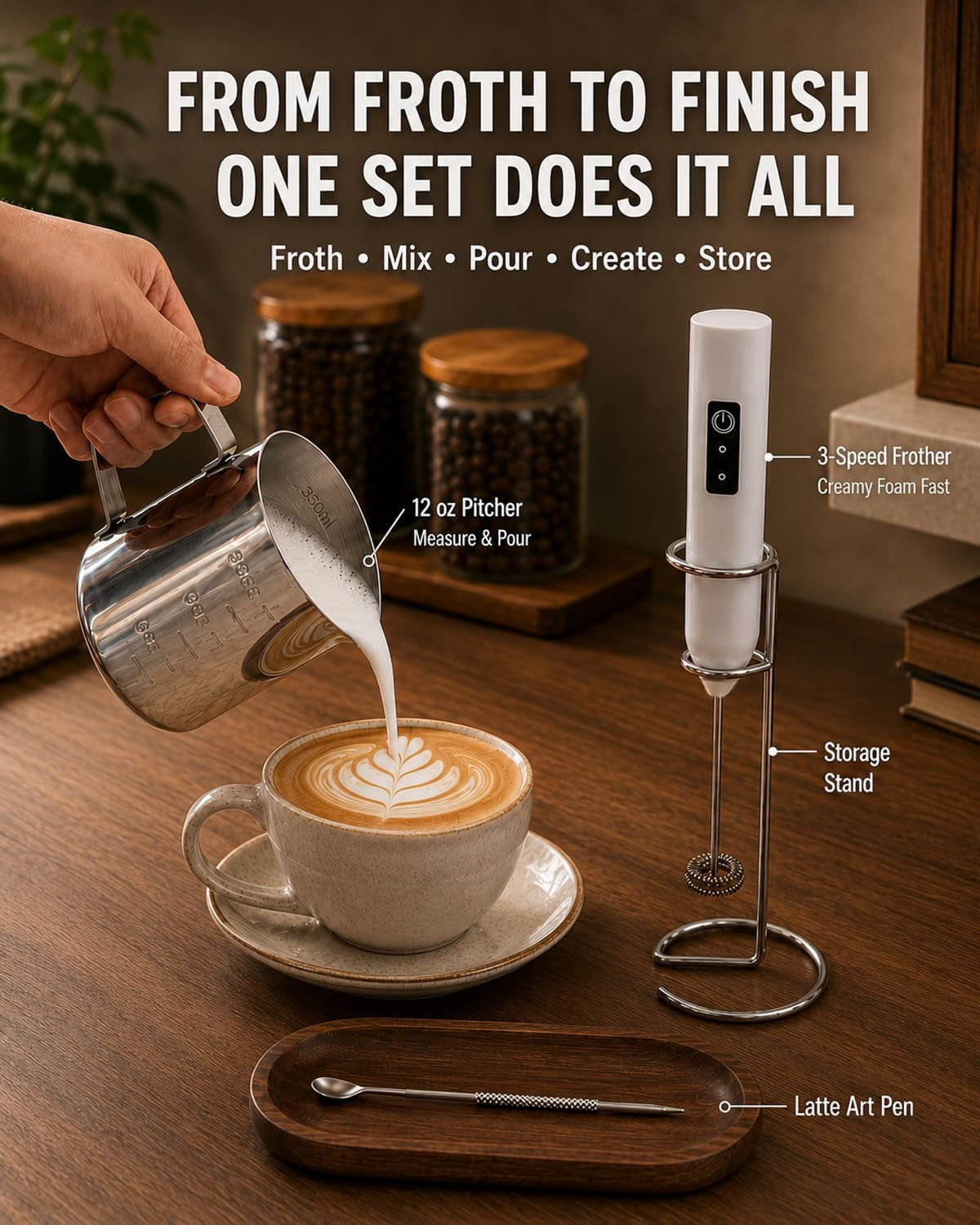 Electric Coffee Frother Handheld, USB Rechargeable Coffee Mixer Wand with Stand and 350Ml Milk Frother Cup, Whisk Set for Latte Art, Cappuccino, Espresso