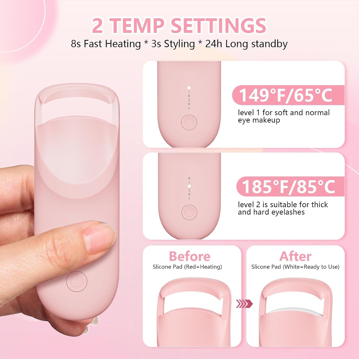 Heated Eyelash Curler, Electric Eyelash Curler with 2-Temp Modes & Type-C Charging, 8S Fast Heat 3S Style 24H Lift for Long-Lasting Natural Effortless Curls, Mini Heated Lash Curler for Women(Pink)