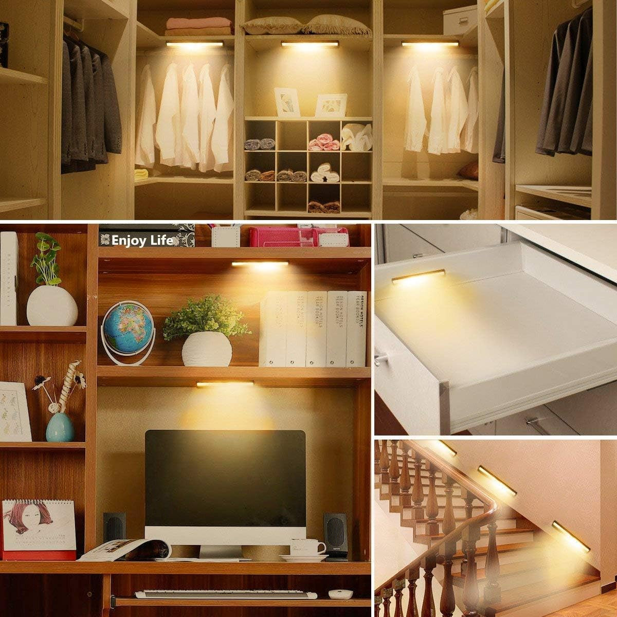 Stick on Cabinet Light,Under Counter Lighting, Motion Sensor, 10 LED Wireless USB Rechargeable Kitchen Battery Operated for Wardrobe,Closets,Cupboard,Warm White-2Pack