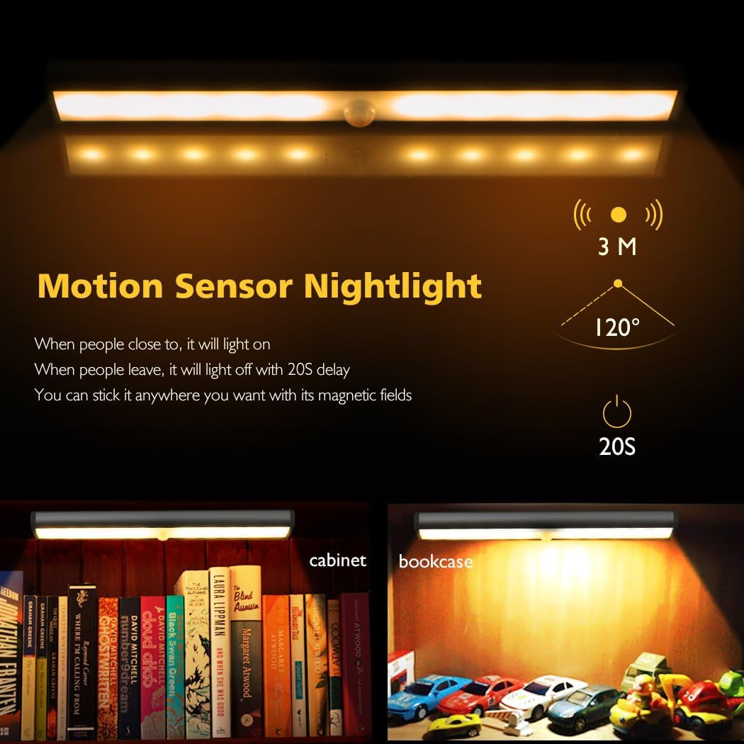 Stick on Cabinet Light,Under Counter Lighting, Motion Sensor, 10 LED Wireless USB Rechargeable Kitchen Battery Operated for Wardrobe,Closets,Cupboard,Warm White-2Pack