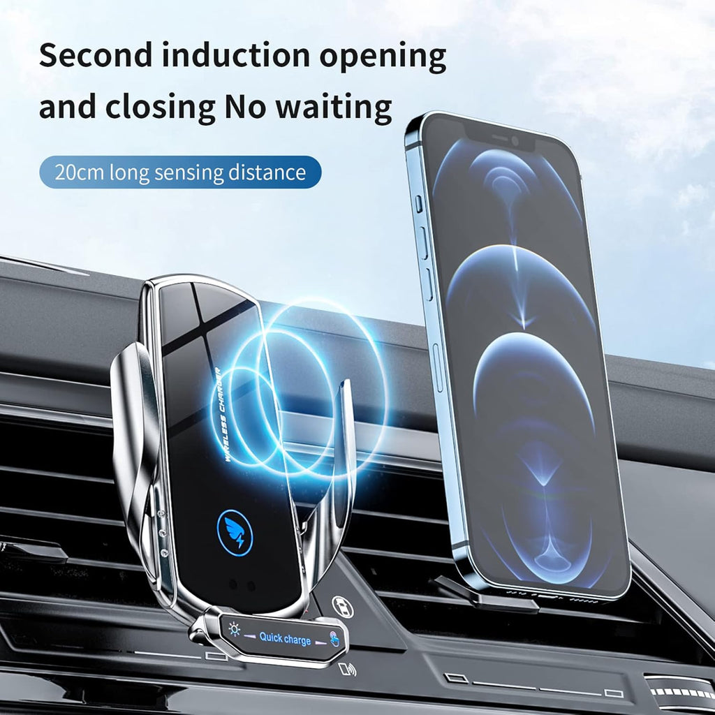 Blue Wireless Car Charger Mount - 15W Fast Charging Auto Clamping Phone Holder, Compatible with All Android