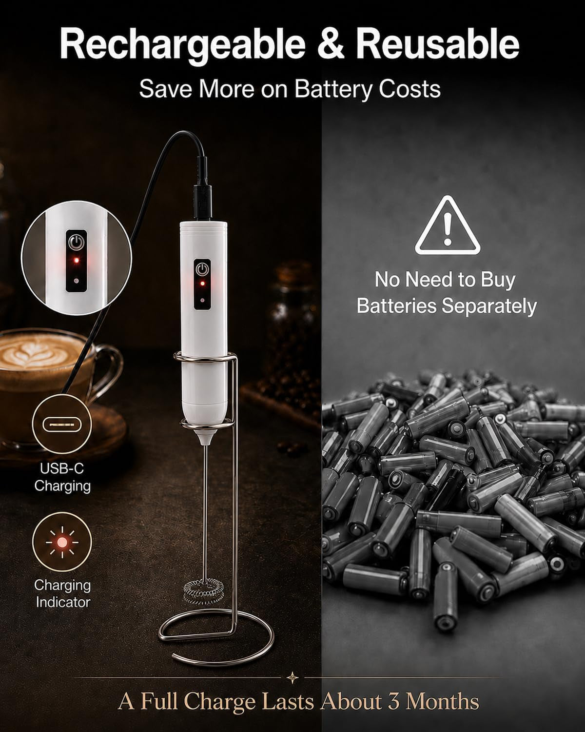 Electric Coffee Frother Handheld, USB Rechargeable Coffee Mixer Wand with Stand and 350Ml Milk Frother Cup, Whisk Set for Latte Art, Cappuccino, Espresso