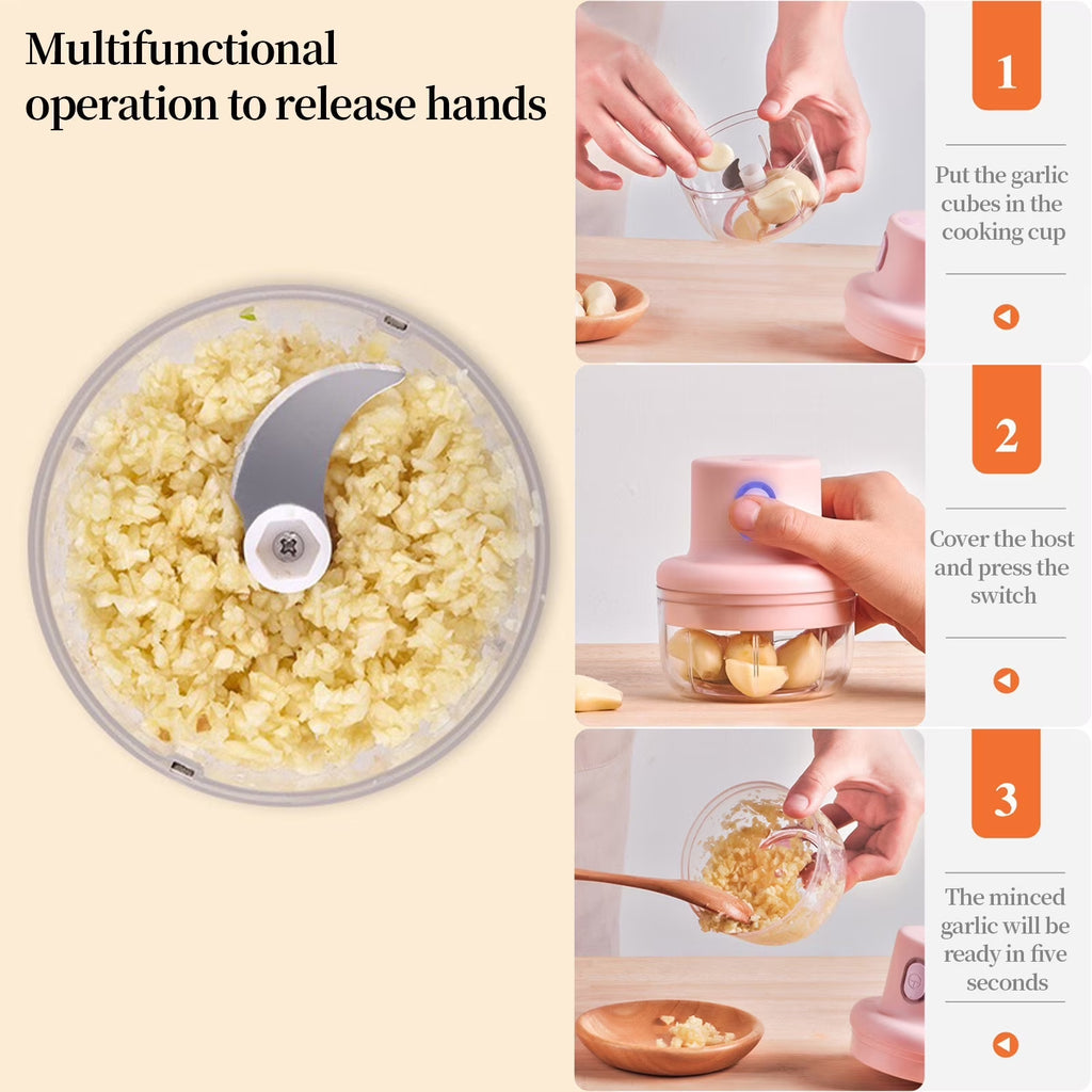 Wireless Food Chopper, Food Processor Small, Manual Chopper Rechargeable Kitchen Gadget with Stainless Steel Blades for Root Mini Vegetables and Fruits with Container for Kitchen (100Ml)