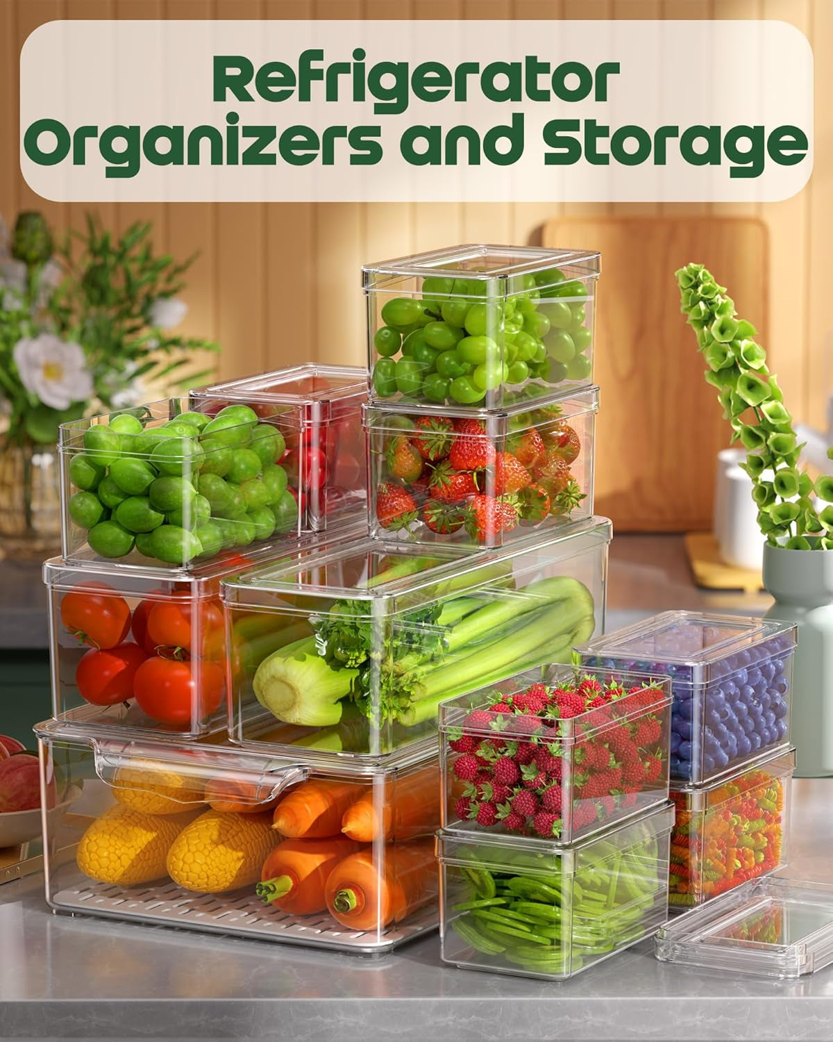 11 Pack Refrigerator Organizers and Storage, Stackable Fridge Organizer Bins, Bpa-Free Clear Plastic Fruit Storage Containers for Fridge, Kitchen, Fruits, Drinks, Produce, Vegetable