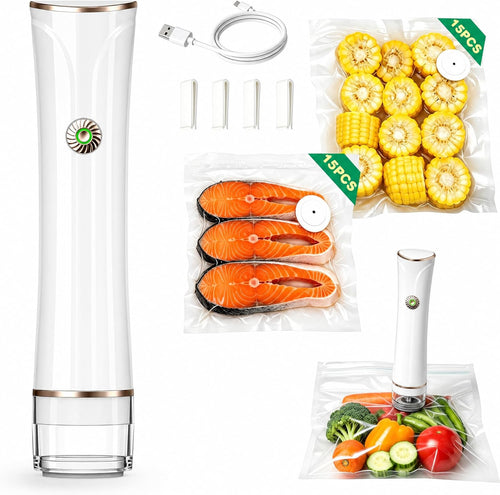 60Kpa Handheld Compact Vacuum Sealer W/30 Bags, Mason Jar Food Sealer | Powerful Suction, Lightweight and Portable, Mason Jars Require a Separate Vacuum Adapter Ring