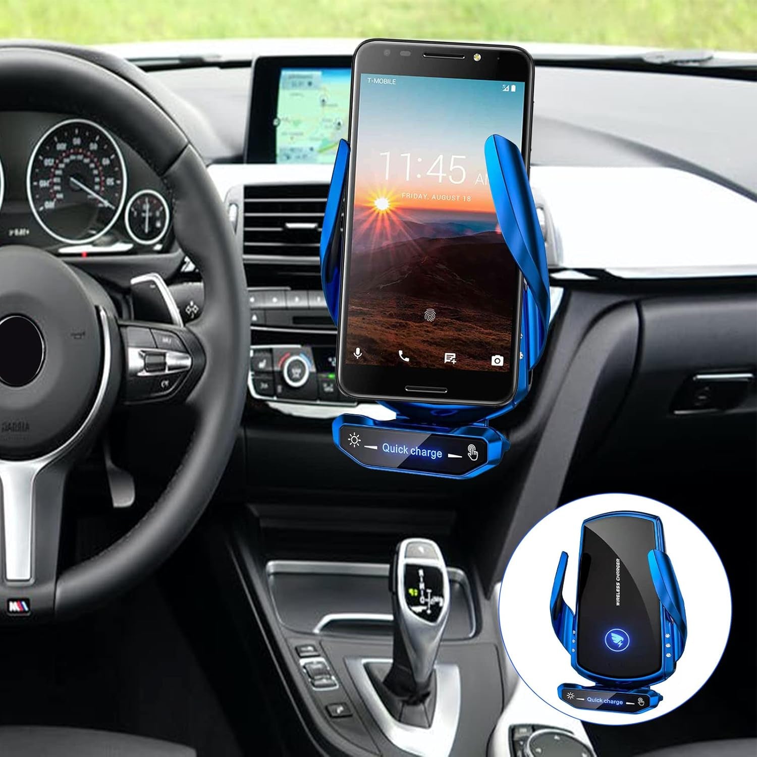 Blue Wireless Car Charger Mount - 15W Fast Charging Auto Clamping Phone Holder, Compatible with All Android