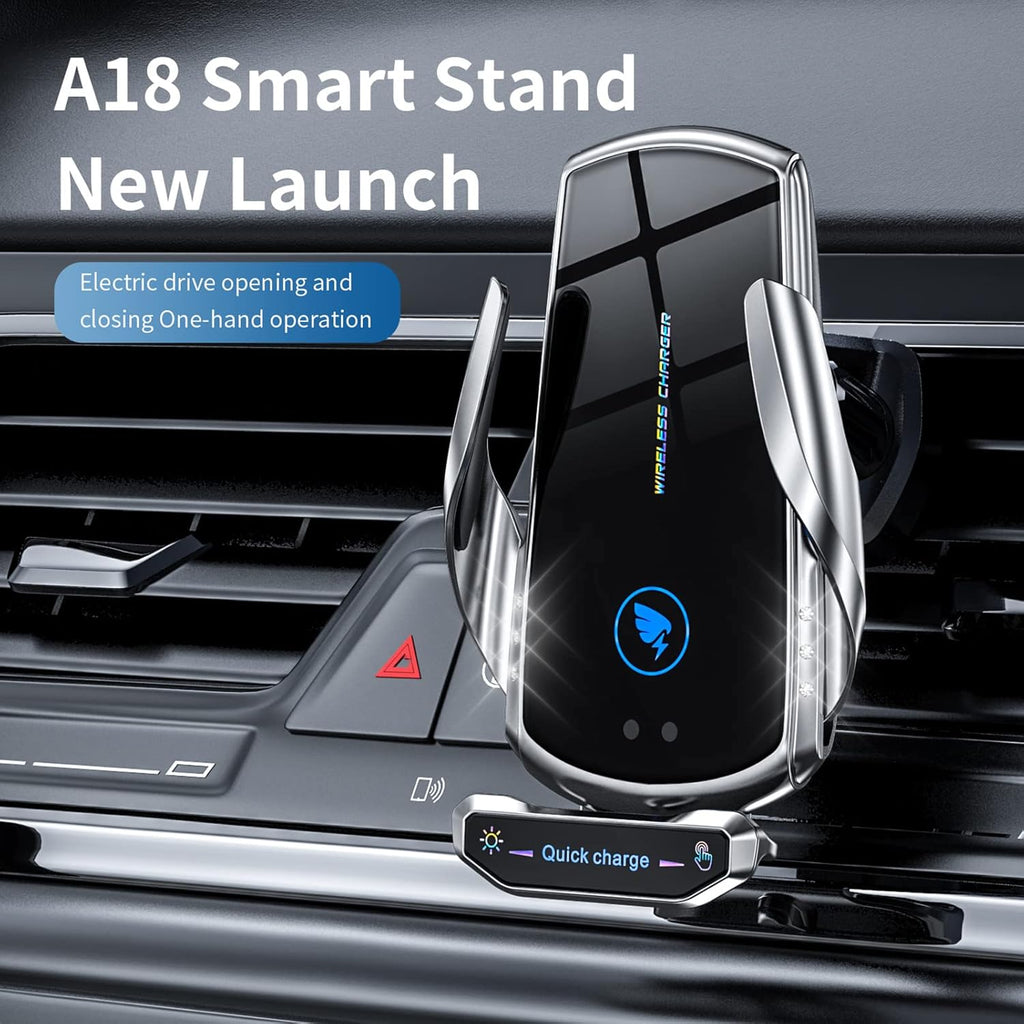 Blue Wireless Car Charger Mount - 15W Fast Charging Auto Clamping Phone Holder, Compatible with All Android