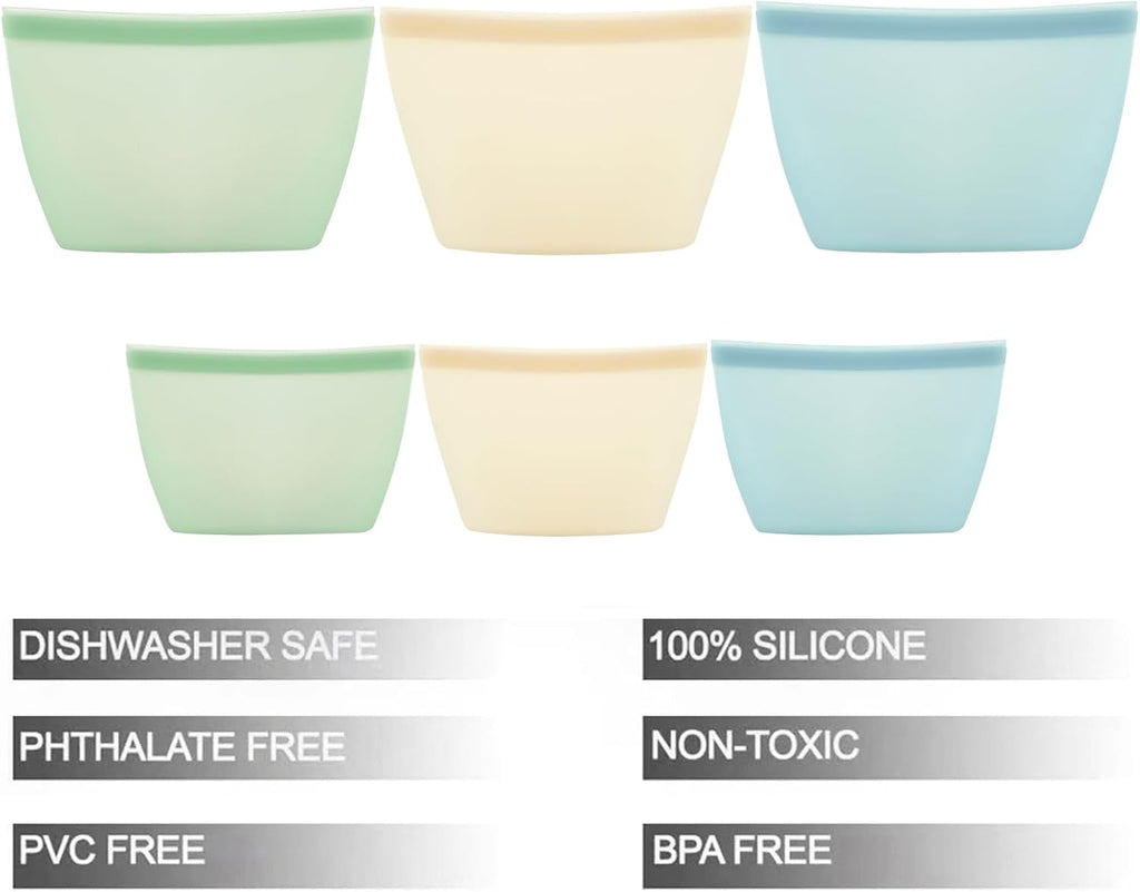 6 Pack Reusable Silicone Food Storage Bags,  Reusable Bags, Leakproof Freezer Bag for Sandwich, Snack, Dishwasher Safe, BPA Free