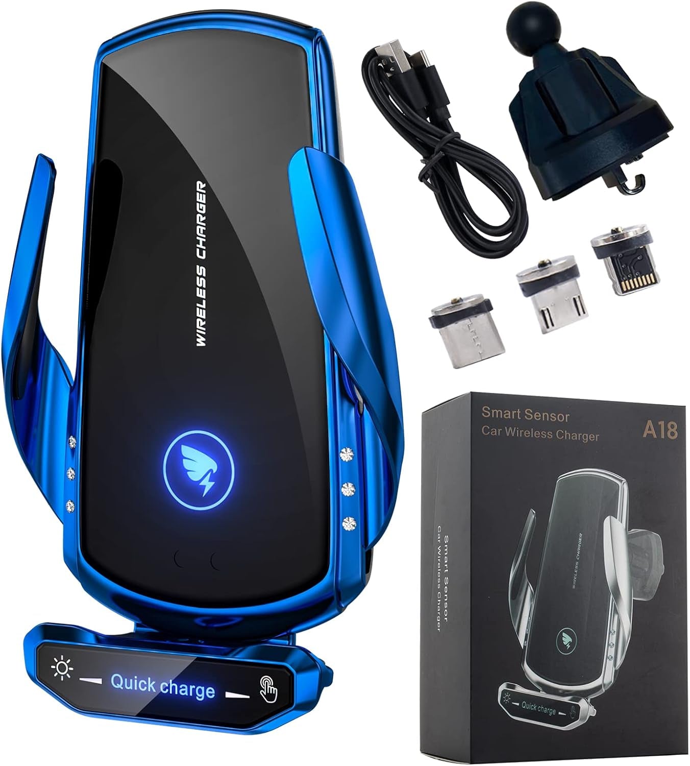 Blue Wireless Car Charger Mount - 15W Fast Charging Auto Clamping Phone Holder, Compatible with All Android