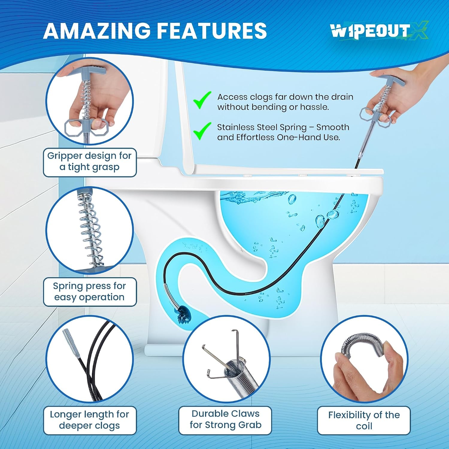 Drain Snake, 79 Inch Drain Clog Remover Tool with Pair of Reusable Gloves – Flexible Grabber Claw Hair Drain Cleaner for Sink, Shower, Tub, Toilet, Bathroom & Kitchen Pipes