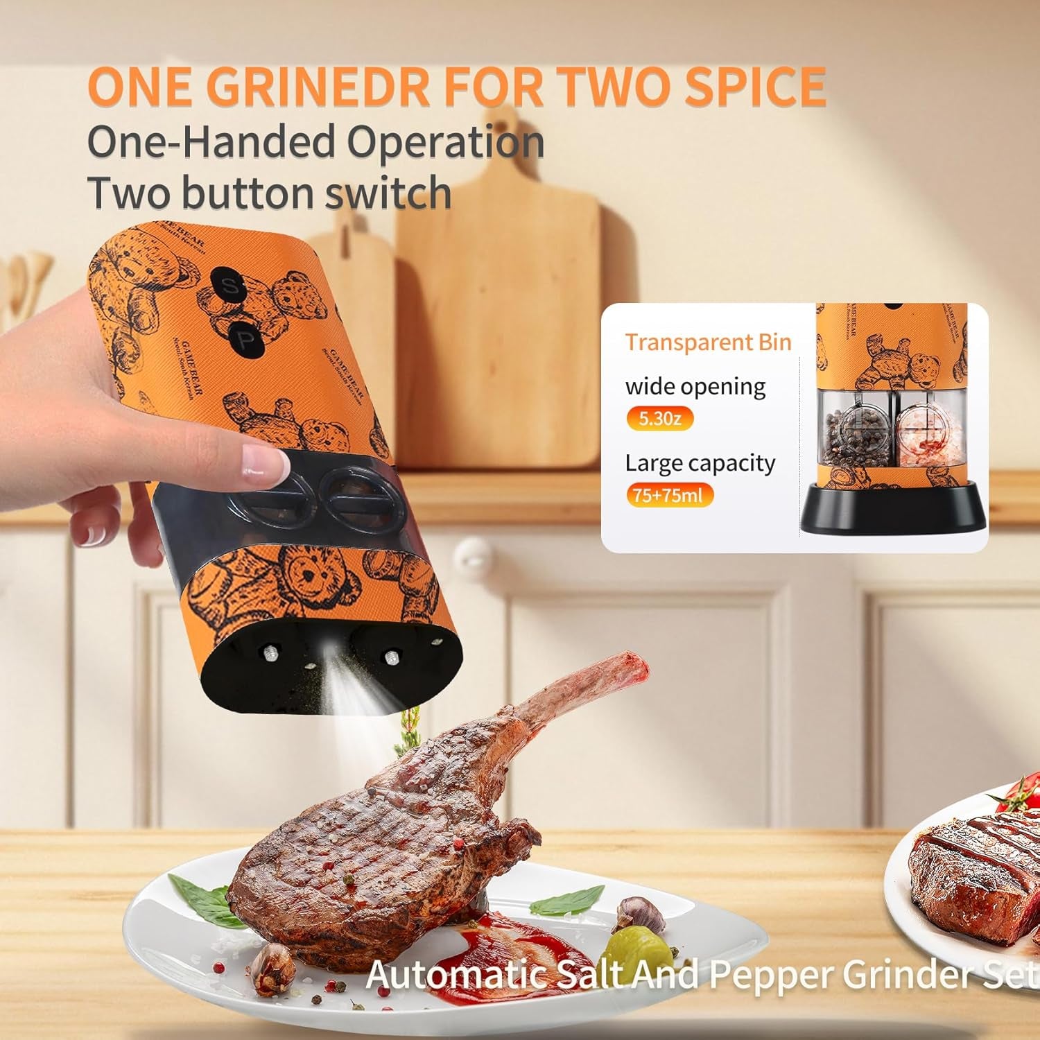 Dual Chamber Salt and Pepper Grinder Set Rechargeable,Electric Pepper Grinder Usb-C,One-Hand Control Automatic Salt Mill Shakers,Ceramic Adjustable Coarseness,Large Capacity LED for Kitchen Home Gifts