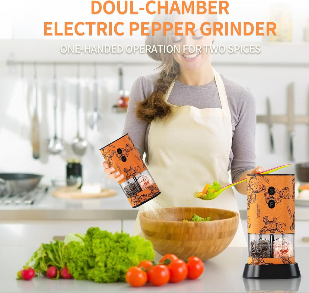 Dual Chamber Salt and Pepper Grinder Set Rechargeable,Electric Pepper Grinder Usb-C,One-Hand Control Automatic Salt Mill Shakers,Ceramic Adjustable Coarseness,Large Capacity LED for Kitchen Home Gifts