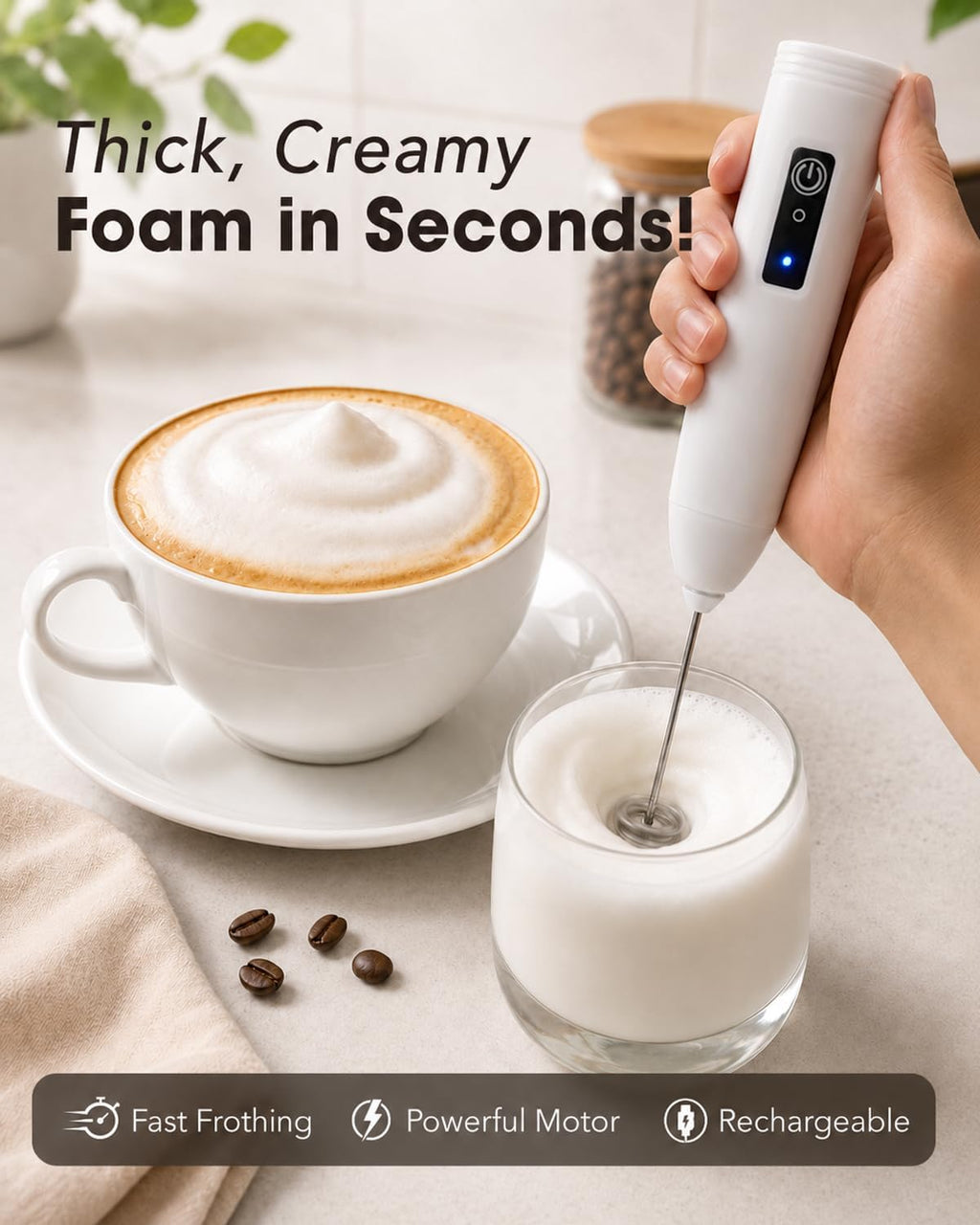 Electric Coffee Frother Handheld, USB Rechargeable Coffee Mixer Wand with Stand and 350Ml Milk Frother Cup, Whisk Set for Latte Art, Cappuccino, Espresso