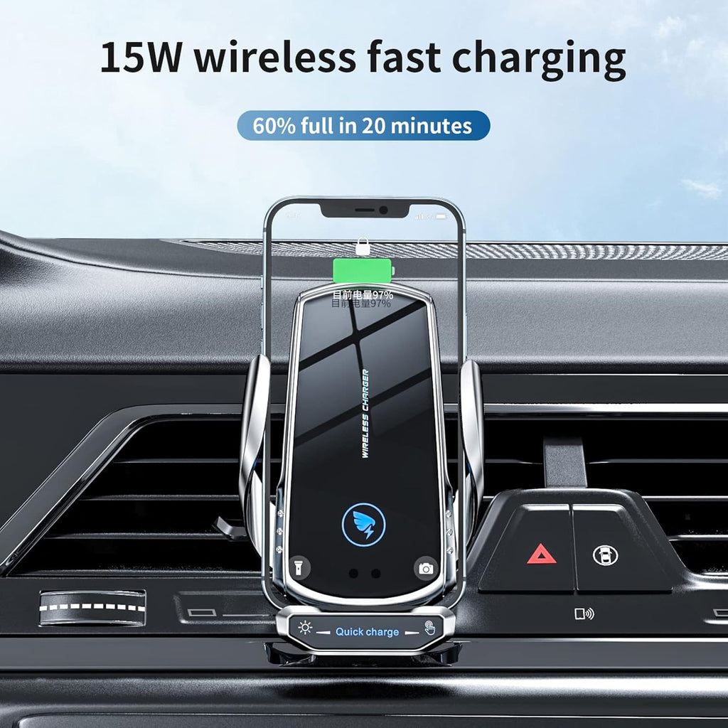 Blue Wireless Car Charger Mount - 15W Fast Charging Auto Clamping Phone Holder, Compatible with All Android