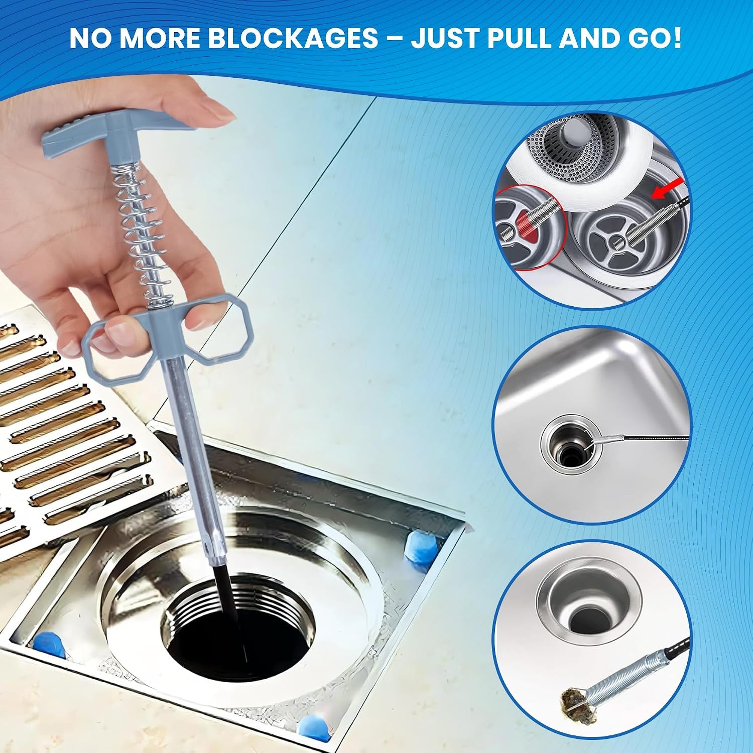 Drain Snake, 79 Inch Drain Clog Remover Tool with Pair of Reusable Gloves – Flexible Grabber Claw Hair Drain Cleaner for Sink, Shower, Tub, Toilet, Bathroom & Kitchen Pipes