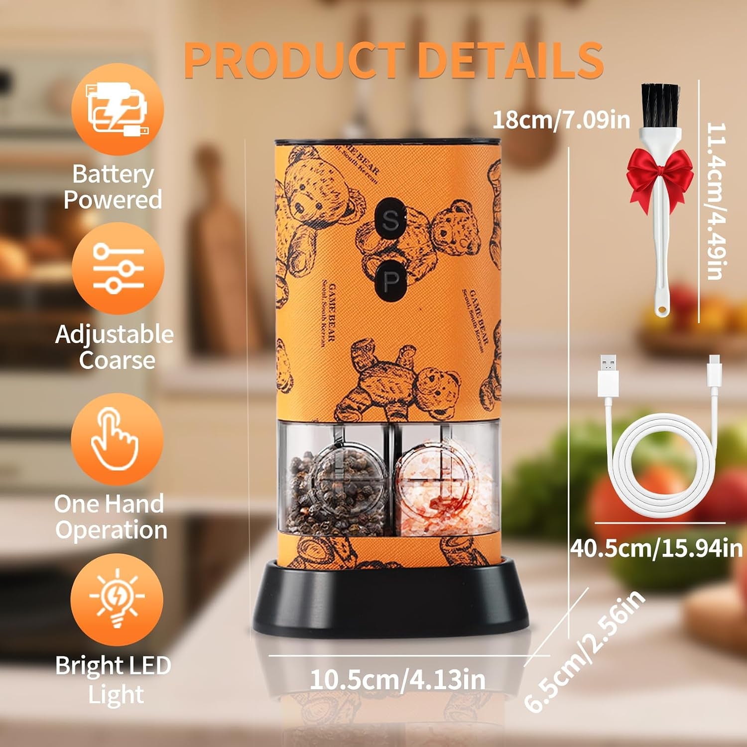 Dual Chamber Salt and Pepper Grinder Set Rechargeable,Electric Pepper Grinder Usb-C,One-Hand Control Automatic Salt Mill Shakers,Ceramic Adjustable Coarseness,Large Capacity LED for Kitchen Home Gifts