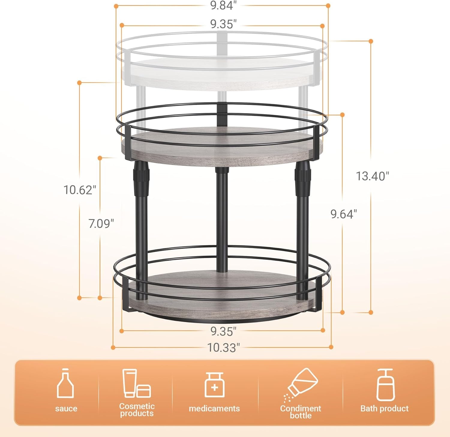 Lazy-Susan-Organizer-Spice-Rack, Rotating Spice Organizer for Cabinet Pantry, Seasoning Holder Spice Shelf with Adjustable Height, Kitchen Counter Shelf Countertop Organizer