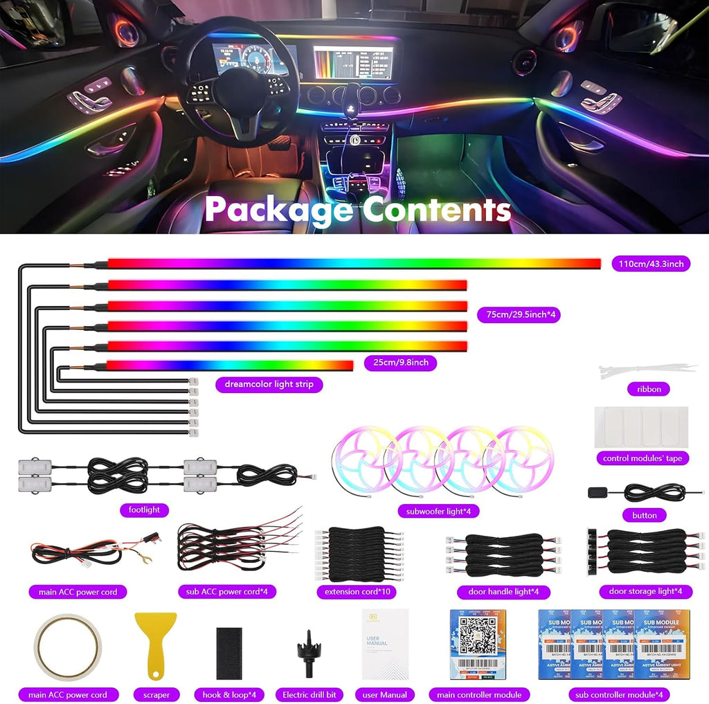 Dreamcolor Acrylic Car Interior Lights 22 in 1 RGB LED Strip Lights APP Control Zoned Control System 252 Color Modes DIY Fiber Optic Ambient Lighting Kits Music Car Neon Light Kits New Version